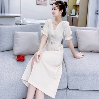 Đầm váy trắng xếp li eo tay nhúng (kèm hình thật)