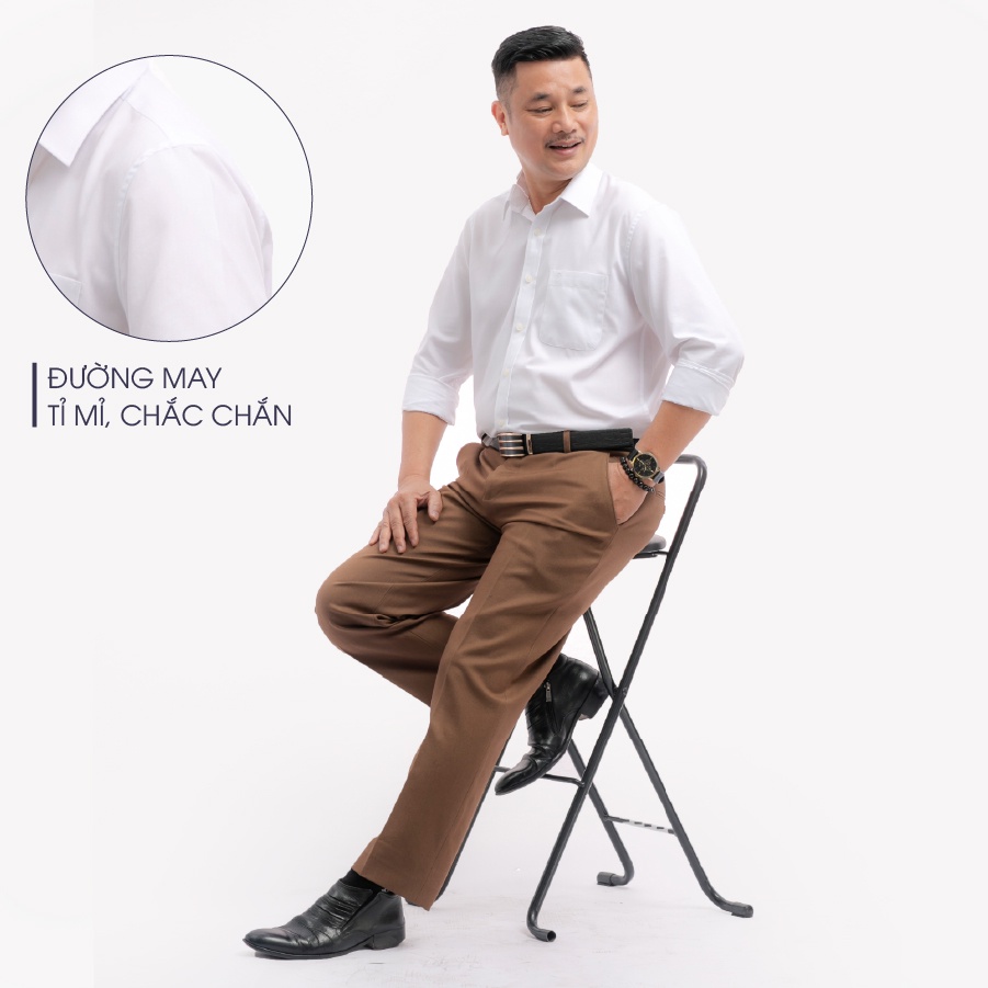 Áo Sơ Mi Nam Dài Tay Trung Niên ANCHI Màu Trắng Trơn Vải Sợi Tre Cao Cấp