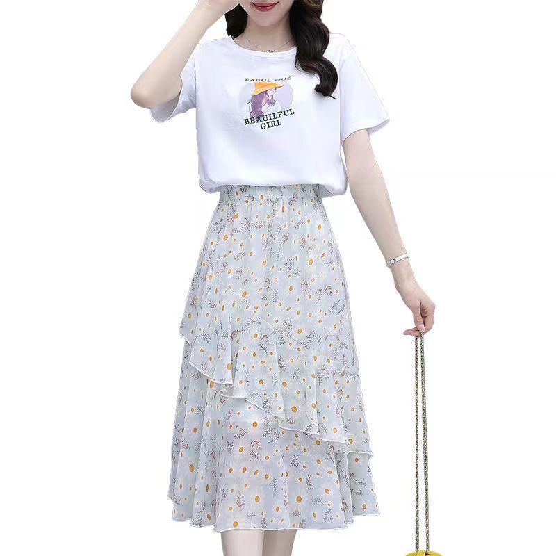 Chân Váy Voan Dài Qua Gối Lưng Thun In Họa Tiết Hoa Cúc Nhỏ Xinh Xắn Thời Trang Mùa Hè Cho Tuổi Trung Niên