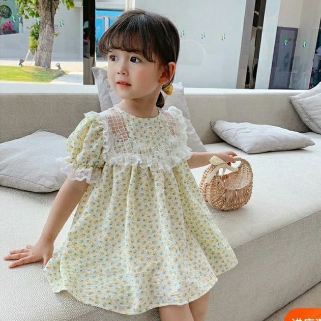 Đầm Tiểu Thư Hoa Nhí Phong Cách Hàn Quốc, Cổ Viền Ren Cao Cấp Tay Bồng , Dáng Baby Doll