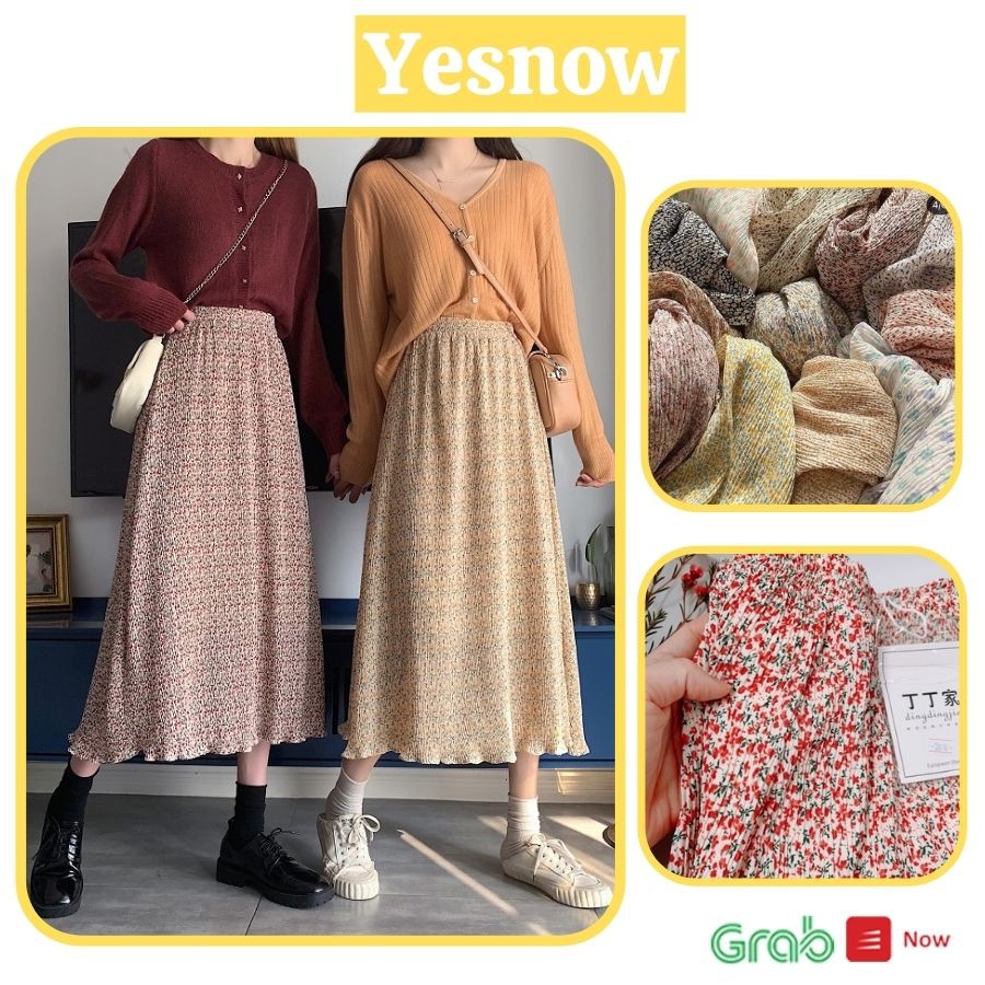 Chân váy midi hoa nhí nhăn Quảng Châu - Chân váy phong cách vintage nhiều màu ( Ảnh thật, video / Hàng có sẵn)