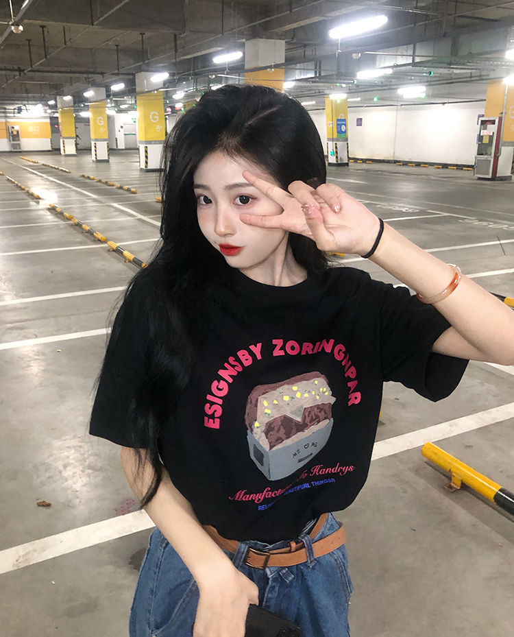 Áo Thun Hàn Quốc Tay Ngắn In Họa Tiết Cổ Điển Cho Nữ