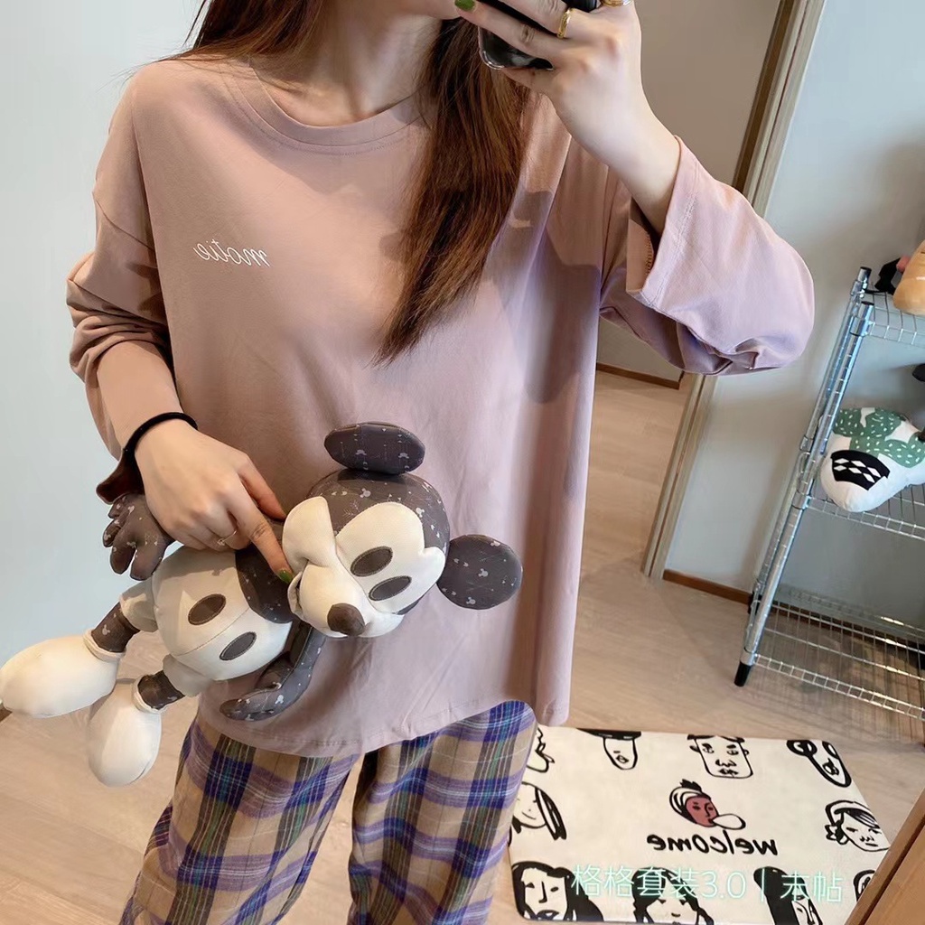 Đồ Bộ nữ Dài Tay Thun cotton Mềm Mịn, Bộ Quần Áo Dài Kẻ Caro Đủ Màu Freesize 40-65kg
