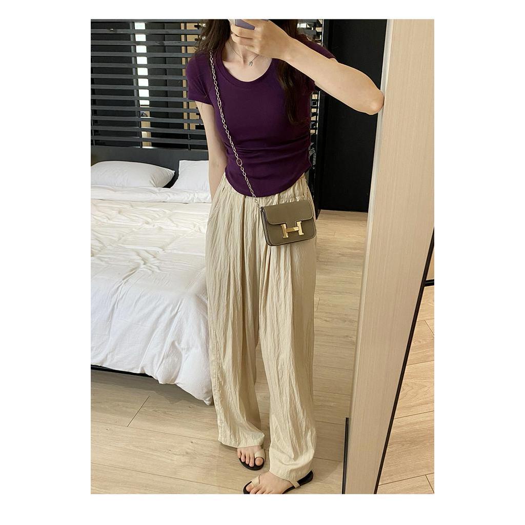 Áo Thun Tay Ngắn Cổ Chữ U Xếp Ly Ôm Dáng Thoải Mái Thời Trang Cho Nữ 63625