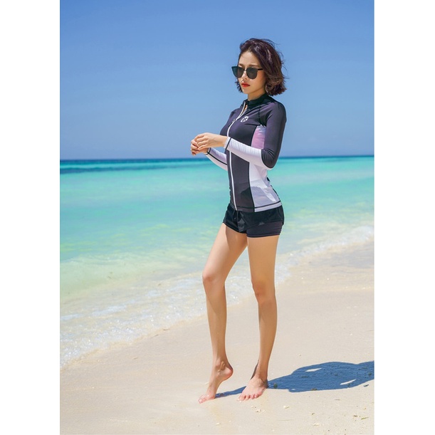 Bộ Đồ bơi nữ,Set Bikini 3 mảnh dài tay đi biển hàn quốc chất thun lạnh hàn quốc quần đùi 2 lớp cạp cao che bụng kín đáo