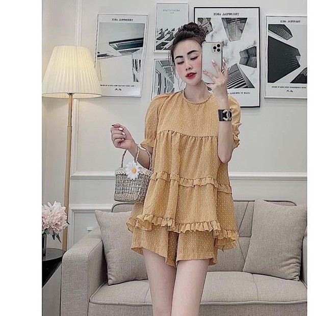 Set chấm bi áo babydoll phối viền bèo thắt nơ lưng tay ngắn bo kèm quần váy!