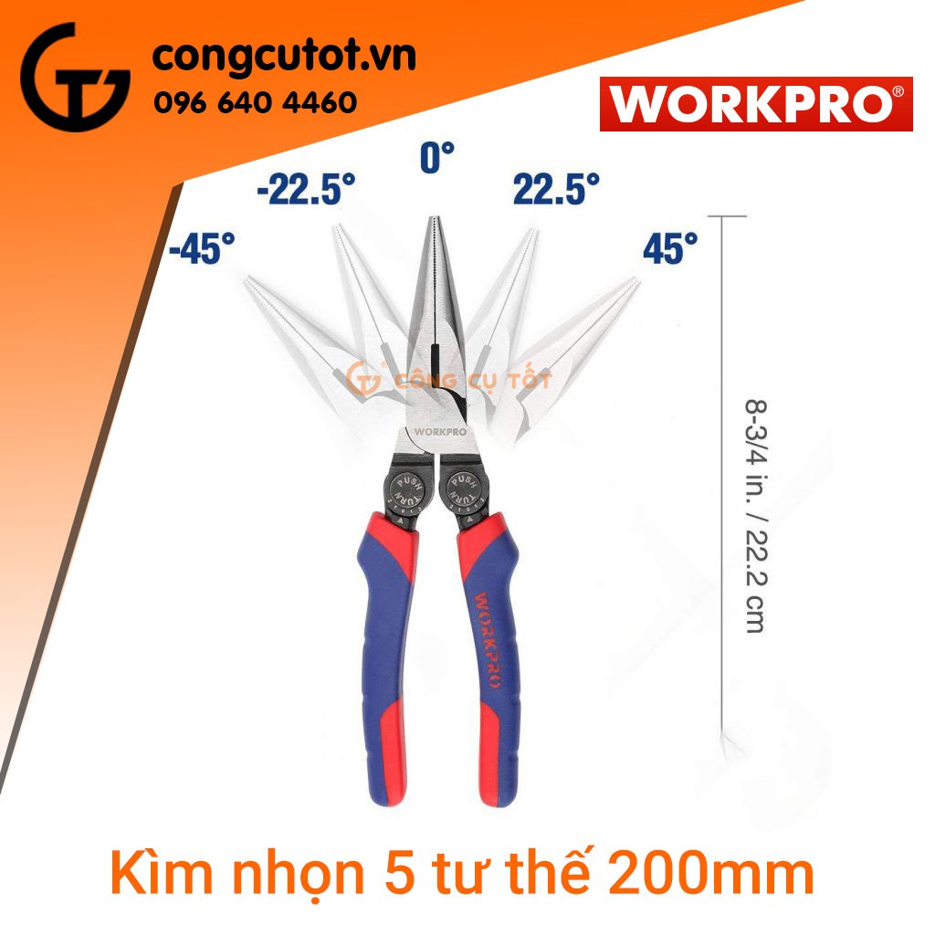 Kìm nhọn cán xoay 5 tư thế 200mm WORKPRO W031182