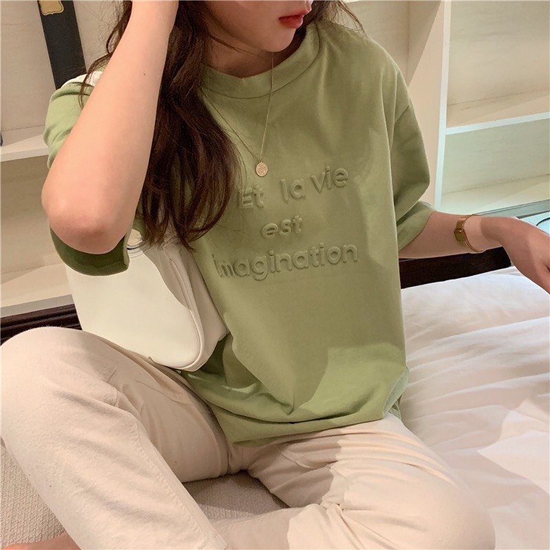 Áo phông nam nữ form rộng 2N Unisex thun cotton dập nổi Ima xanh/kem
