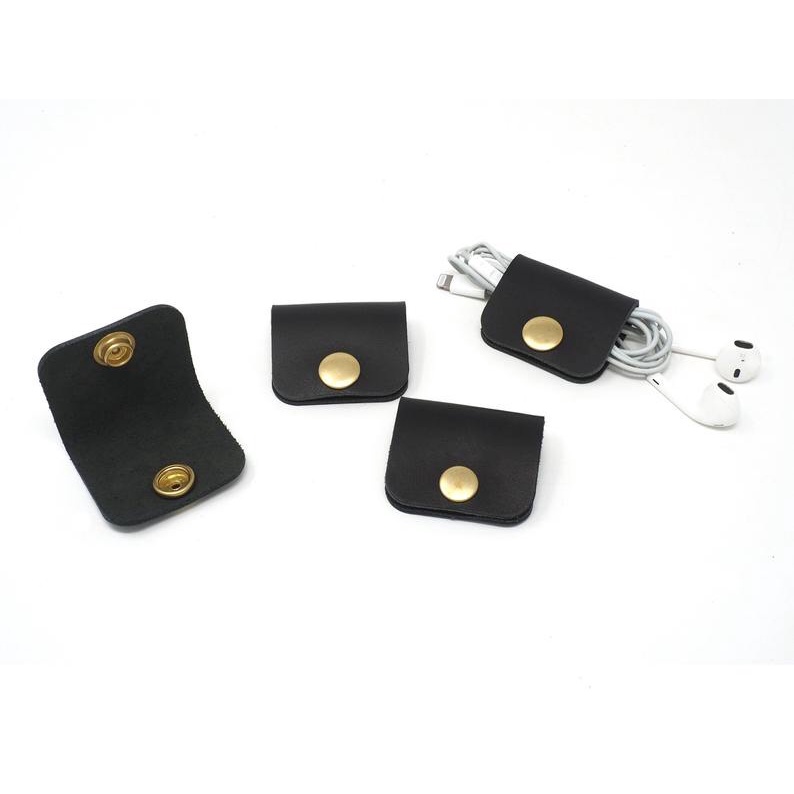 Cuộn tai nghe, cáp sạc da thật handmade khuy bấm