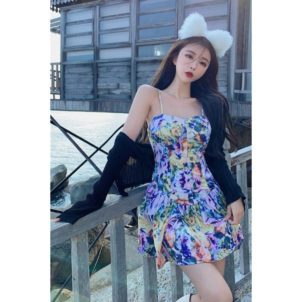 Đầm nữ đầm dáng xòe, đầm hoa hai dây sexy