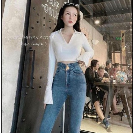 Quần jeans cạp cao đai khuy tam giác 💖FREESHIP💖 quần jeans ôm đai khuy siêu hot