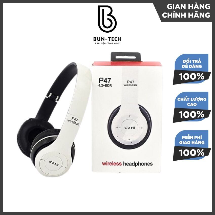 Tai Nghe Chụp Tai Bluetooth P47, Tai Không Dây Có Mic, Có Thẻ Nhớ, Âm Bass Cực Chất, Nghe Gọi Rõ Nét - Buntech