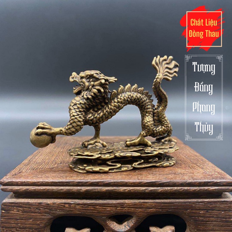Tượng Đồng Phong Thủy May Mắn Tài Lộc Hình Con Rồng Ngọc Châu Có Đế