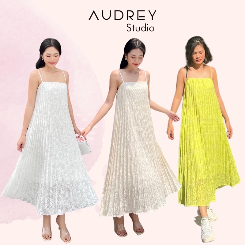 Đầm 2 dây xếp ly dáng xoè dài maxi/ váy hai dây đi biển dập ly màu da/trắng - Audrey Studio