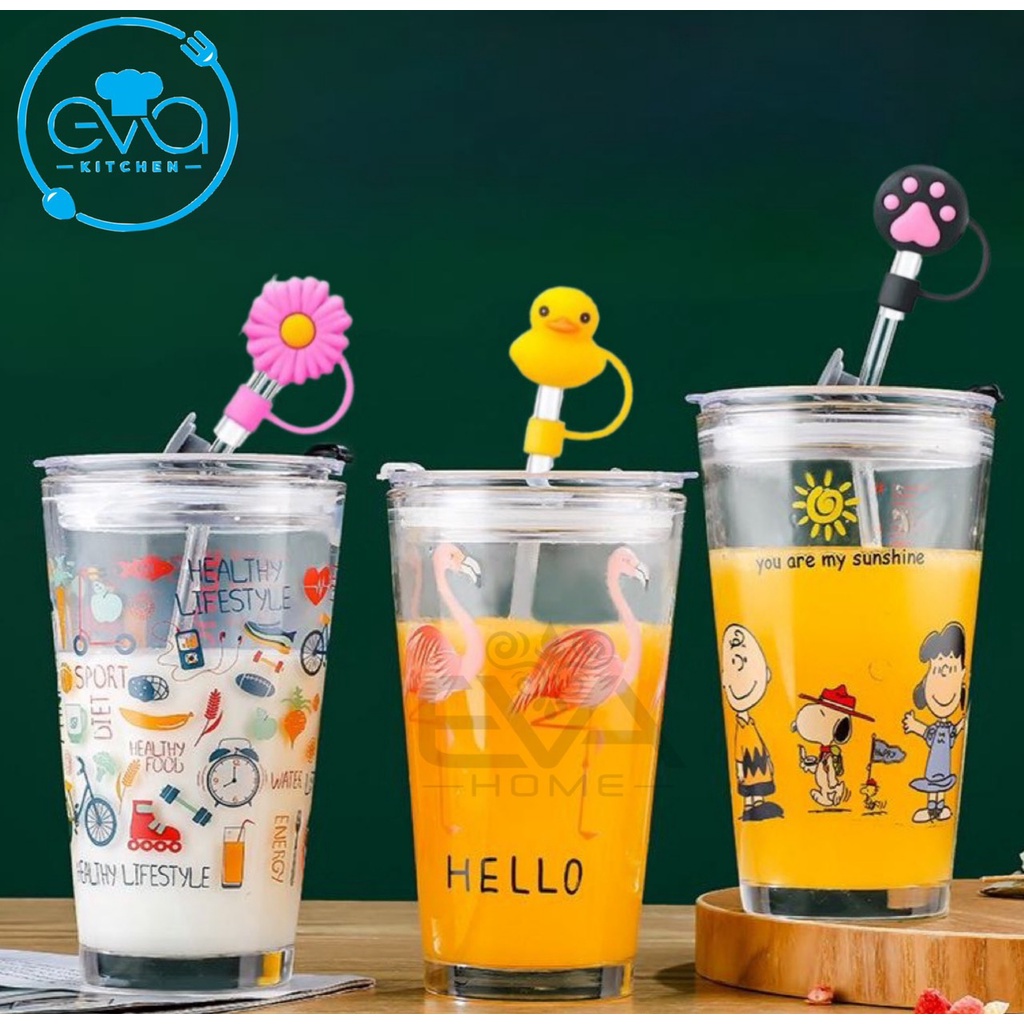 Ly Cốc Thuỷ Tinh Chia Vạch Hoạt Hình 450 Ml Kèm Ống Hút Nắp Silicone 3D Hoạt Hình Ngỗ Nghĩnh SP4728