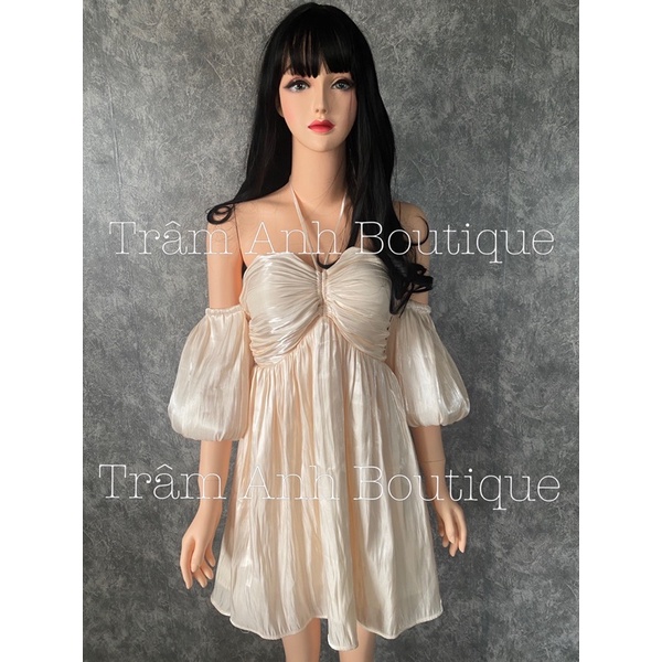 243 Đầm tơ trễ vai nude rút ngực TRÂM ANH BOUTIQUE siêu sang chảnh (có mút ngực) | BigBuy360 - bigbuy360.vn