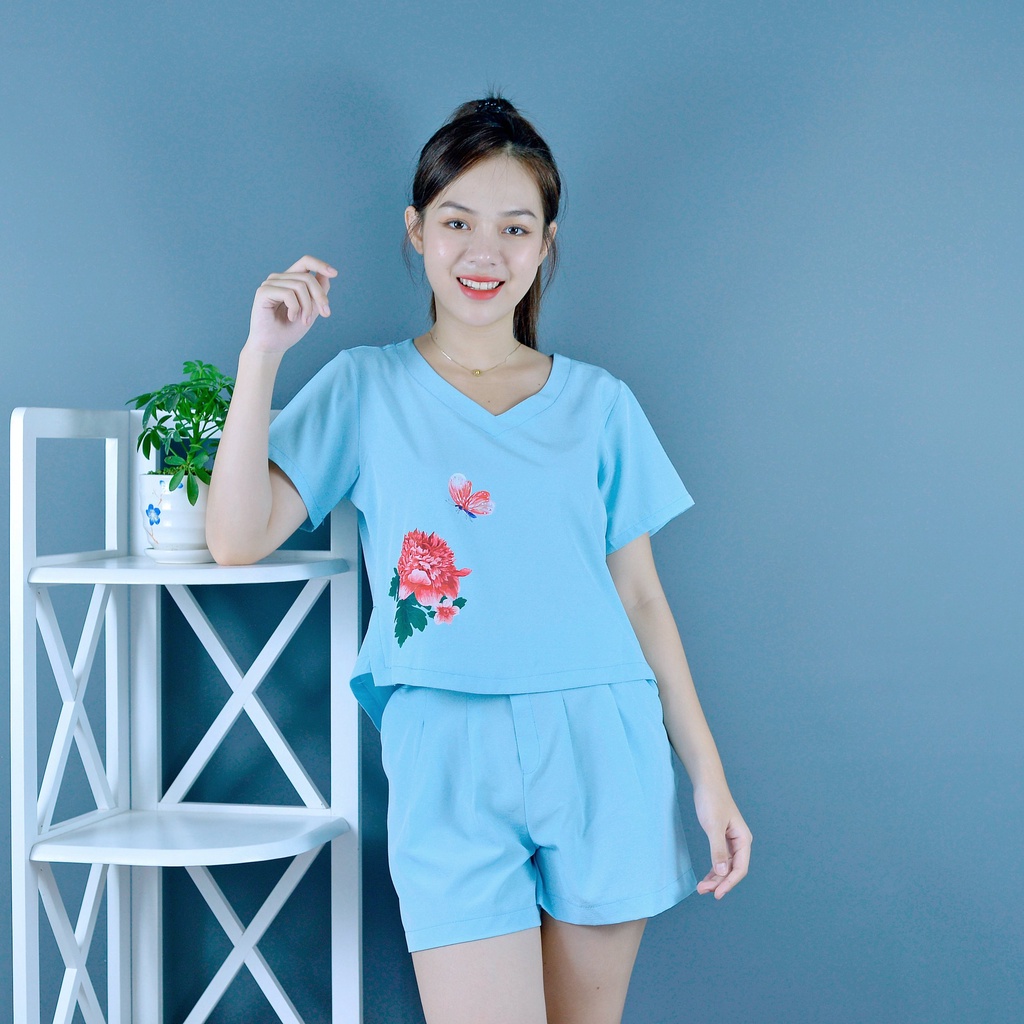 Bộ đồ nữ MÀU XANH NGỌC IN HOA CỰC XINH  - vải lụa cao cấp - Lịch sự - Quý phái