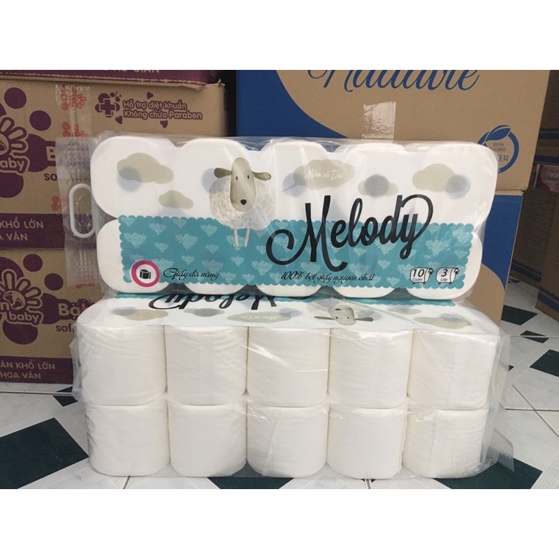 LỐC 10 CUỘN CÓ LÕI CAO CẤP MELODY GIẤY LỤA 3 LỚP - 1.4kg