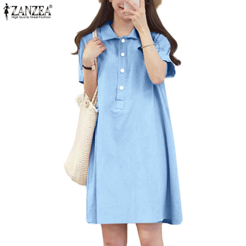 Đầm Zanzea tay ngắn cổ bẻ màu trơn thiết kế đơn giản thời trang cho nữ