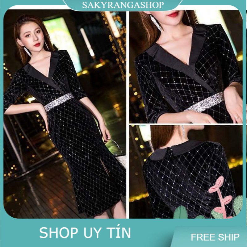 HÀNG NHẬP - ĐẦM BODY NHUNG KIM TUYẾN CARO XẺ TÀ
