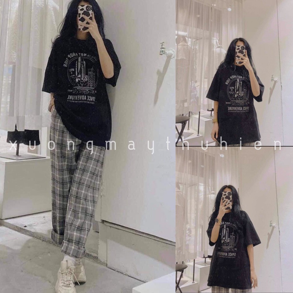 Set áo phông tay lỡ unisex họa tiết SPAKE phối quần suông ulzzang/ Áo thun nữ cộc tay dáng rộng quần kẻ sọc lưng thun