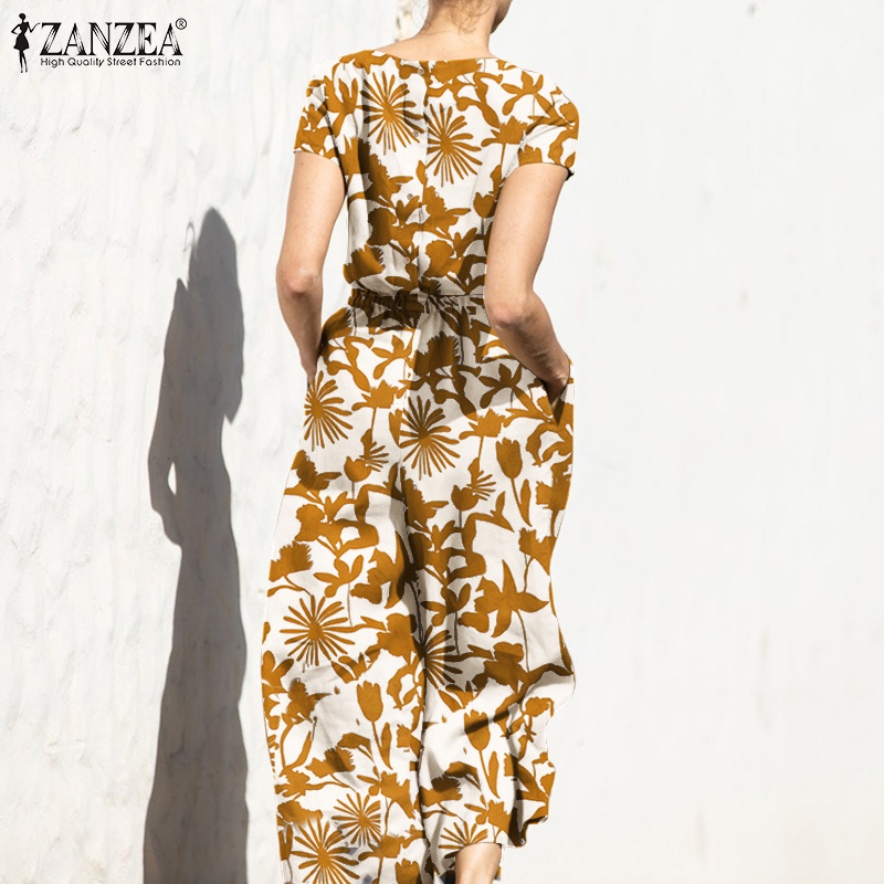 Áo liền quần ZANZEA in họa tiết có túi gài nút sau lưng phong cách Châu Âu cho nữ