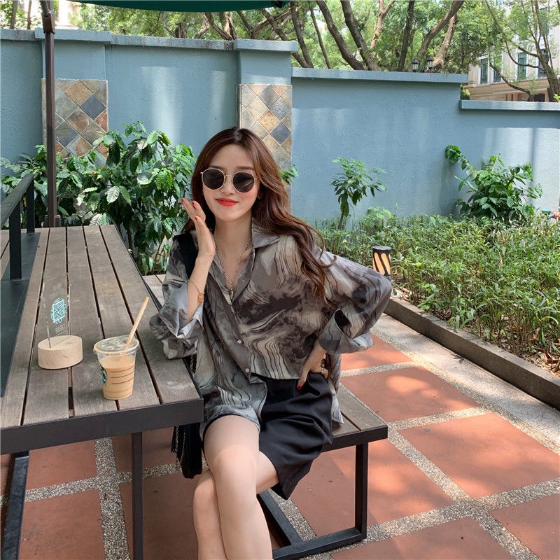 Áo Sơ Mi Tay Dài Dáng Rộng In Họa Tiết Mực Độc Đáo Phong Cách Hàn Quốc Thời Trang Mới Cho Nữ