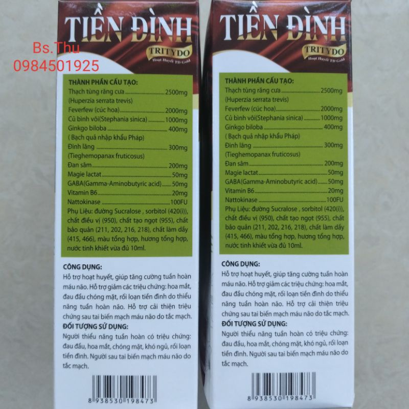 Tiền Đình TRITYDO - hoạt huyết TD Gold Gingko biloba, Gaba nhập khẩu pháp dùng được cho người bị tiểu đường hộp 16 gói