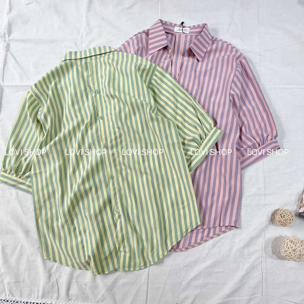 LOVI SHOP- Áo sơ mi kẻ sọc cổ V 4 màu tay phồng nhẹ