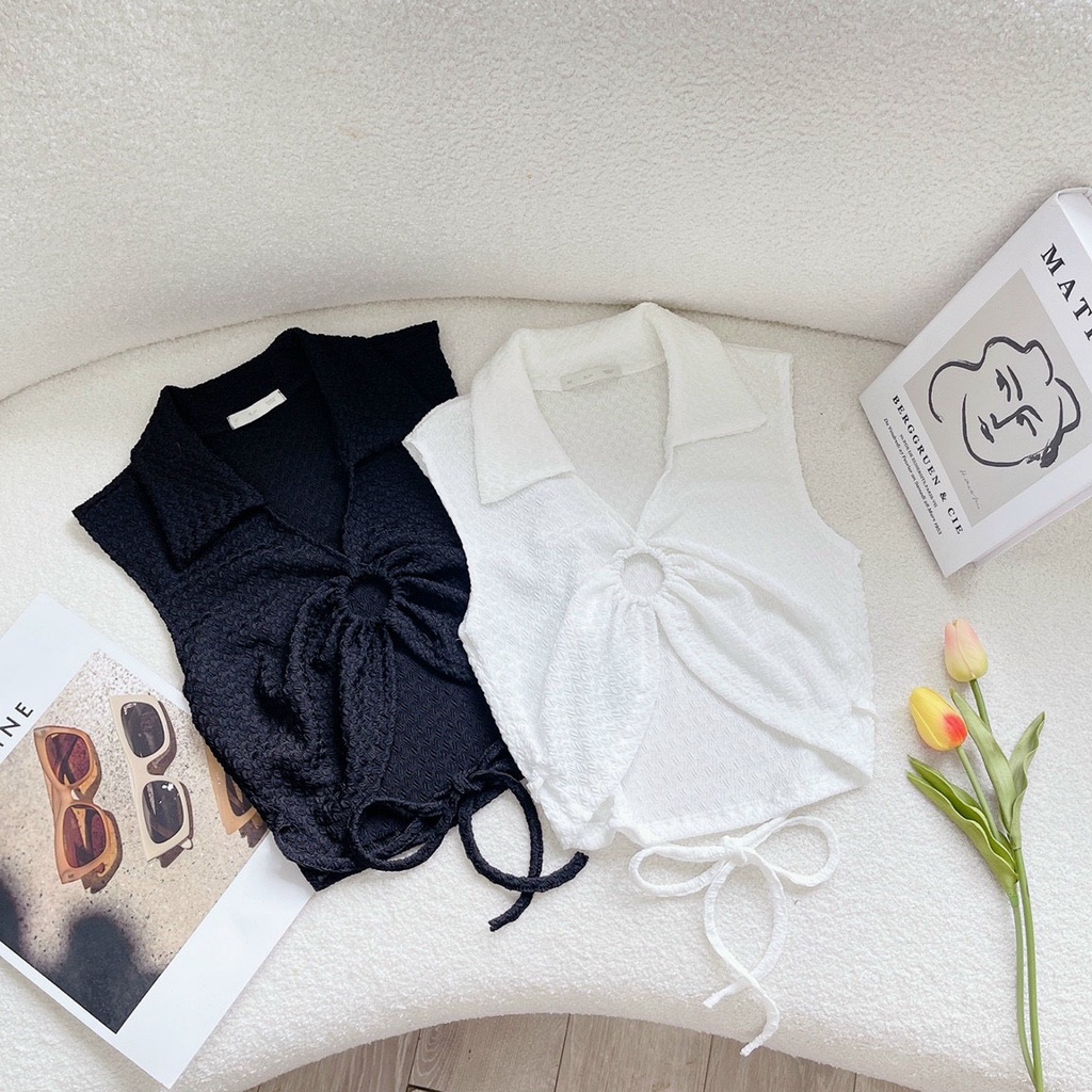 Áo thun croptop ba lỗ cổ bẻ kiểu khoen ngực xinh buộc dây chất thun xốp hột