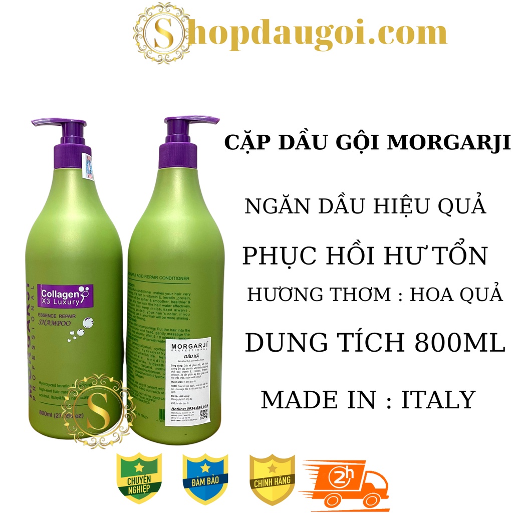 Cặp dầu gội xả Collagen phục hồi tóc hư tổn siêu mượt hương thơm hoa quả collagen x3 Morgarji Luxury 800ML - chính hãng