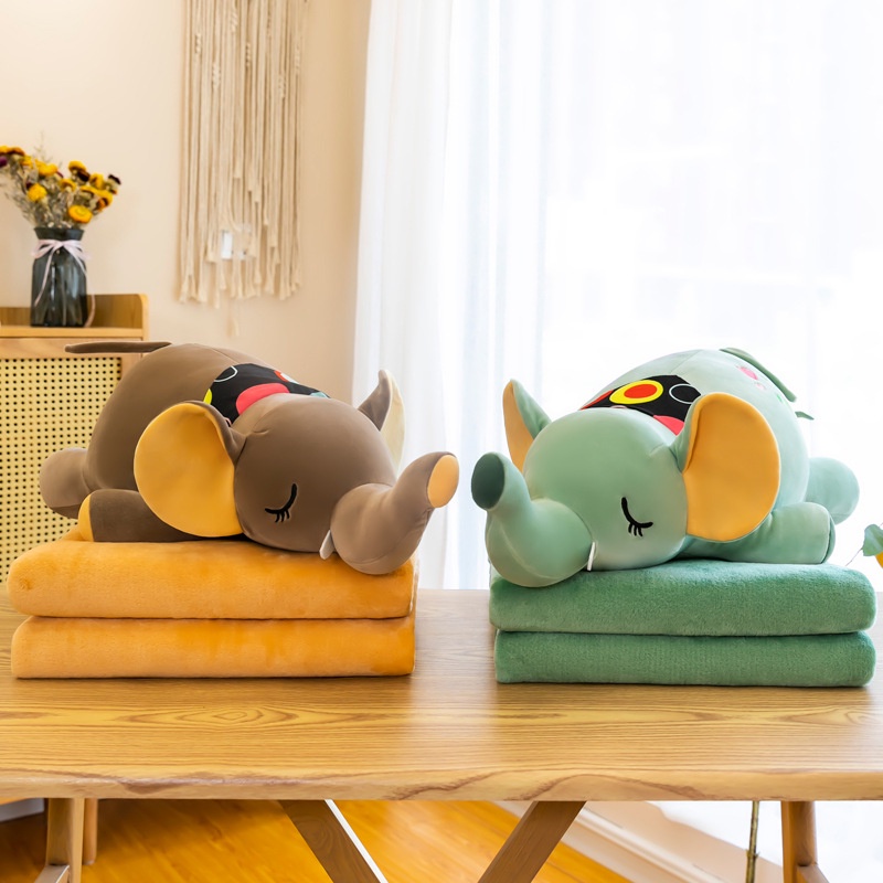 Bộ chăn gối cho bé đi học, làm việc văn phồng hình voi 2in1