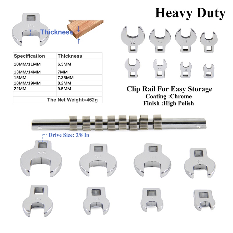 Pop 3 8 inch drive crowfoot wrench set thép carbon được đánh bóng với clip organizer 10mm 11mm 13mm 14mm 16mm 18mm 19mm 22mm