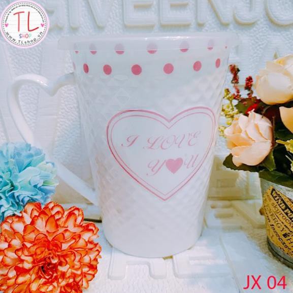Ly sứ - Cốc sứ - Ly sứ hoa văn nổi - Hình trái táo - Ly có nắp đậy- Ly uống cà phê - Cốc uống cà phê