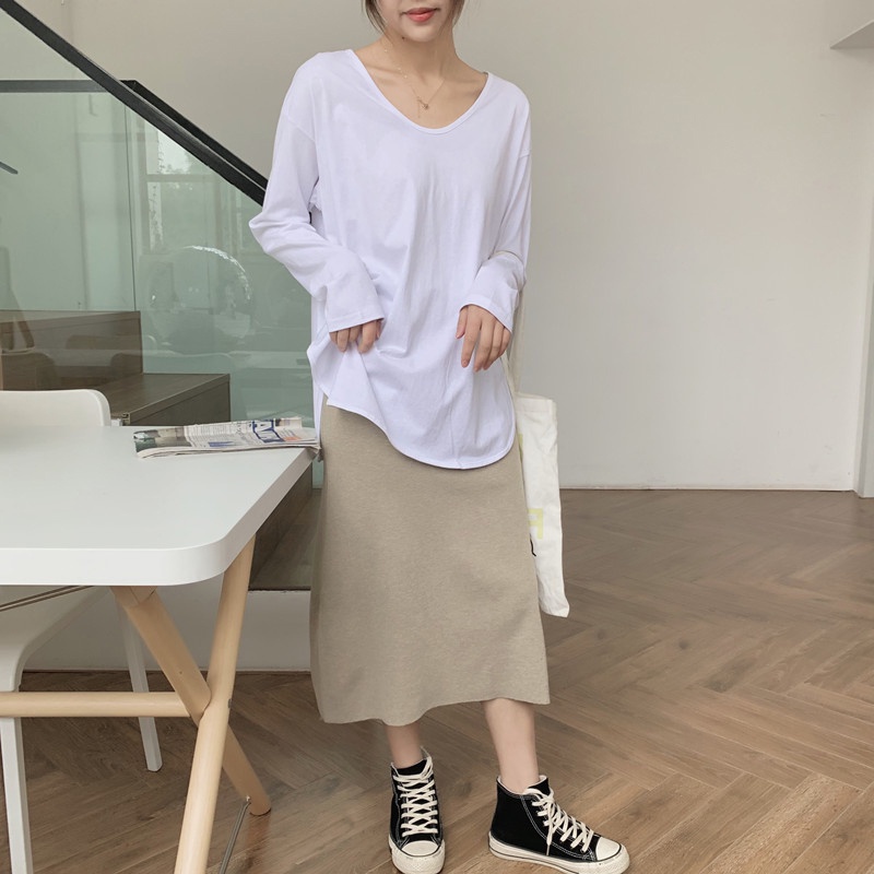 Áo thun dài tay cổ chữ v màu trơn thiết kế mới thời trang theo phong cách hàn quốc