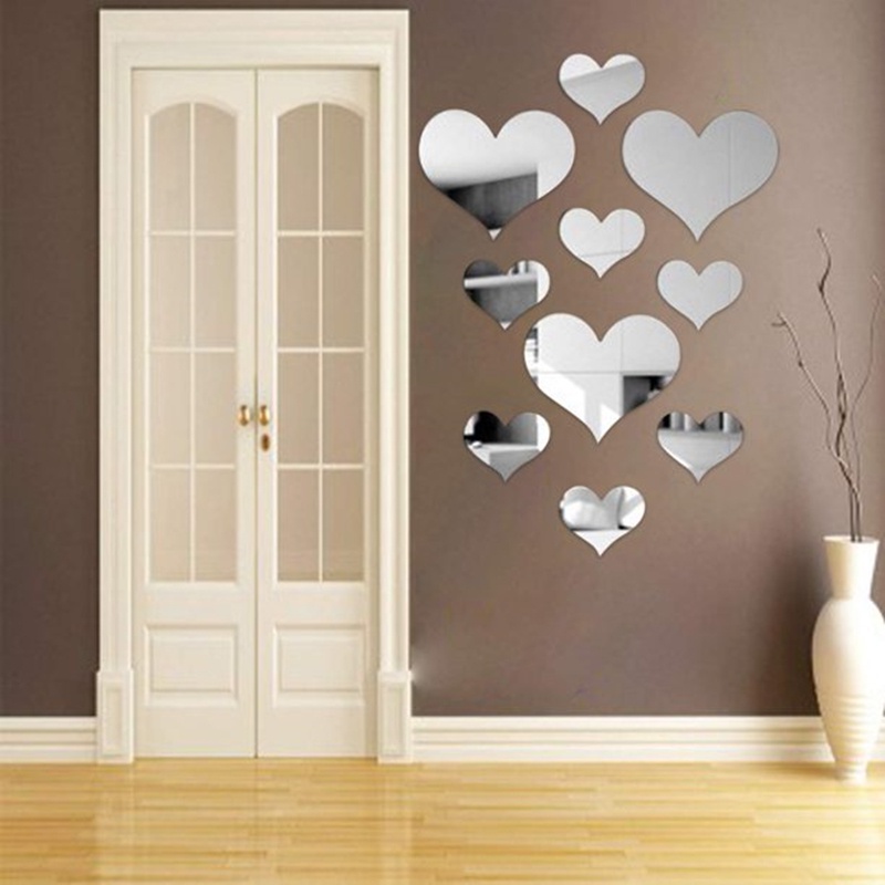 Bộ 10 miếng acrylic dán tường trang trí nội thất hình trái tim 3D DIY