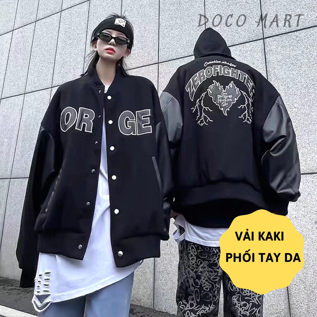 Áo Khoác Bomber Varsity Jacket Nam Nữ Chất Liệu Kaki Phối Da 2 Lớp