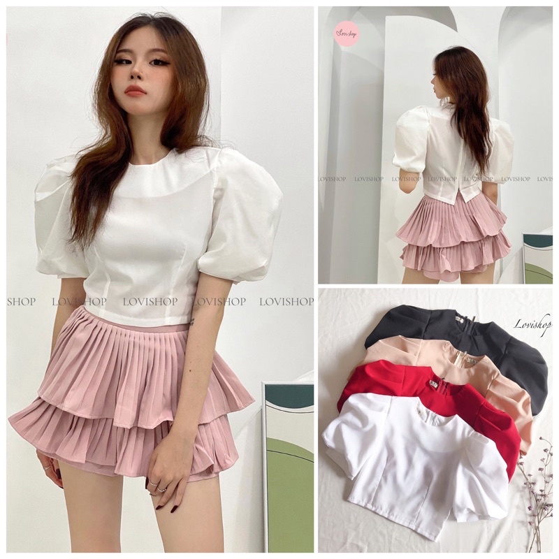 Áo croptop tay phồng cổ tròn Áo tay phồng Lovi