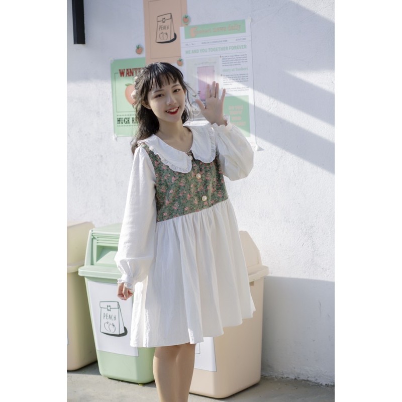 Đầm babydoll Lana phối hoa nhung cổ bèo CARROT FARM