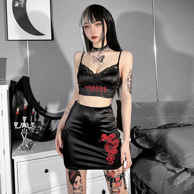Brroa Set Áo Croptop 2 Dây In Chữ + Chân Váy Ôm Dáng Họa Tiết Da Rắn Quyến Rũ Cho Nữ