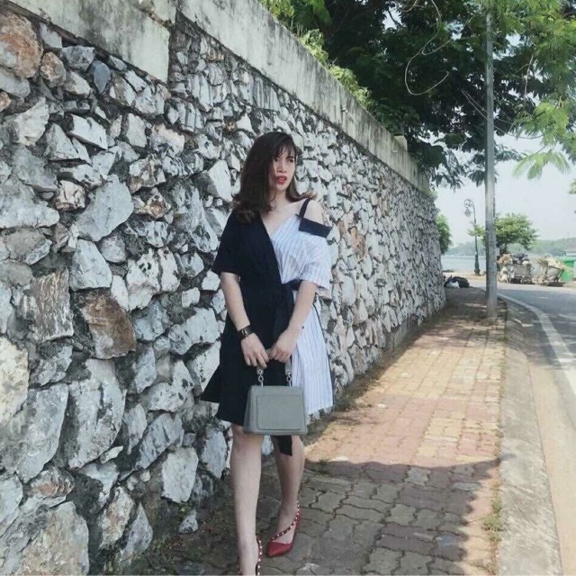 ĐẦM XÒE SƠMI VAI RỚT CÁCH ĐIỆU PHỐI SỌC CUTE