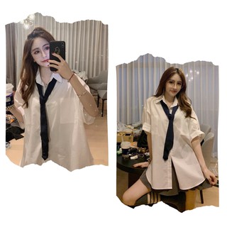 Áo Sơ Mi Nữ Trắng Ulzzang Dáng Dài TẶNG CAVAT