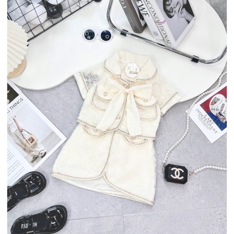 Set  ren nơ ngực cổ sen màu kem xinh xắn bé gái
