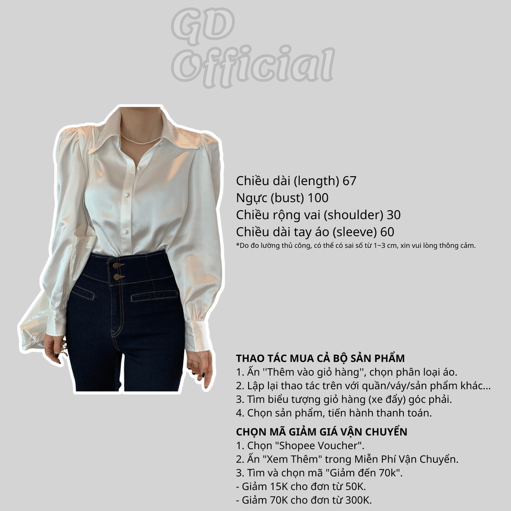 A13|Áo sơ mi lụa satin mềm mại cổ polo cho nữ màu be sáng sang trọng, cổ điển dáng rộng, dài tay GD Official