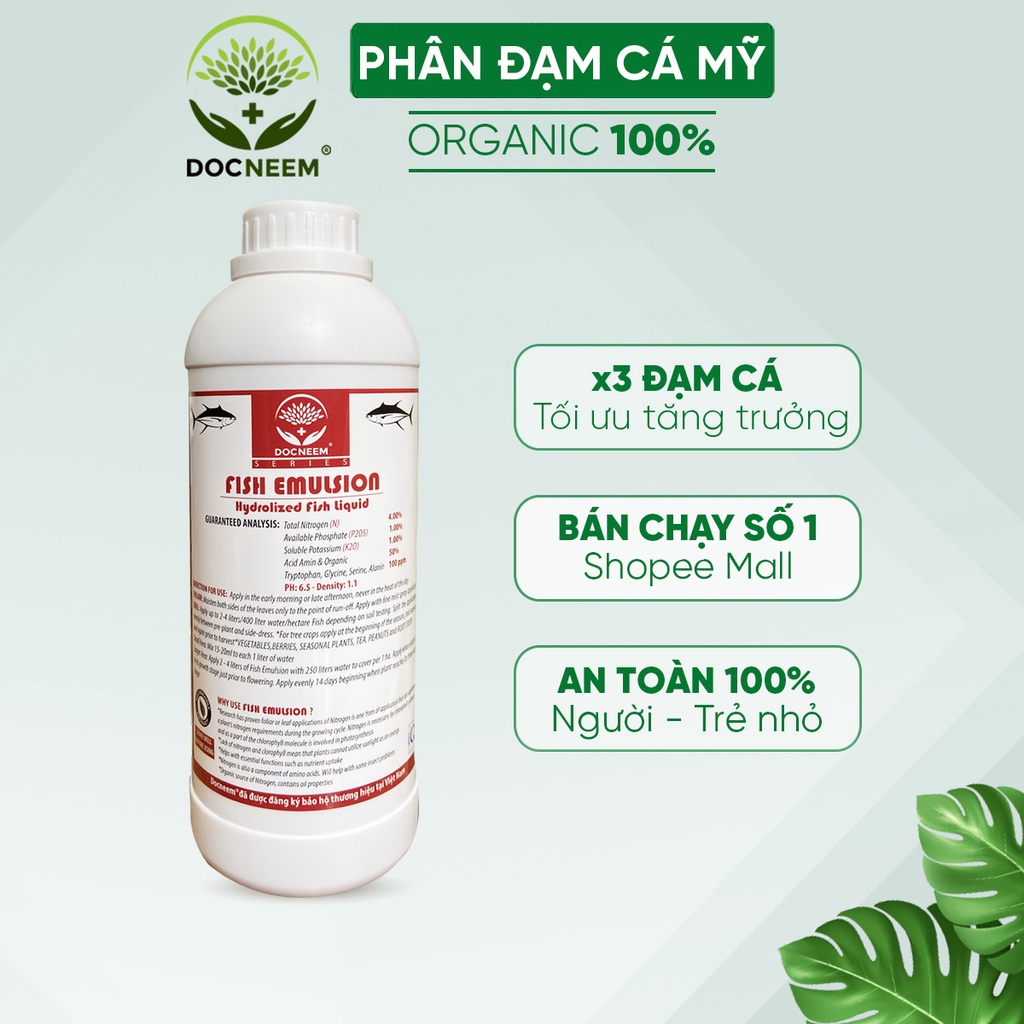 Phân đạm cá Docneem, phân cá Fish Emulsion (1 lít)  hữu cơ cho hoa hồng, rau sạch, hoa, cây cảnh trong nhà ngoài trời