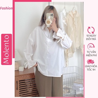 Áo Sơ Mi Nữ Form Rộng Cổ Đức Nơ Tay Dài Vải Thô Cotton Thoáng Mát Form Chuẩn Thấm Hút Mồ Hôi Molento M109