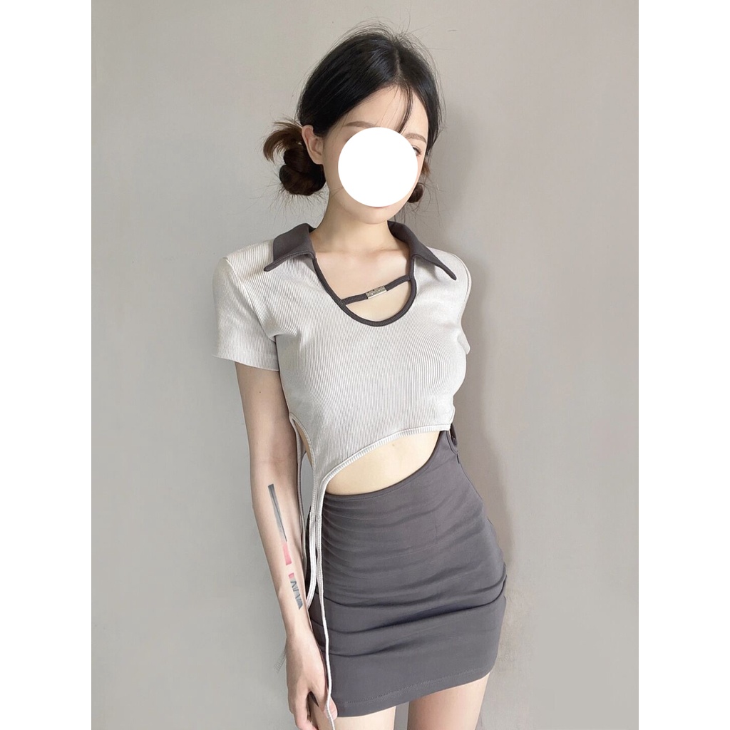 Áo kiểu ZHELIHANGFEI cổ polo ngắn tay lưng cao cột dây thiết kế quyến rũ thời trang