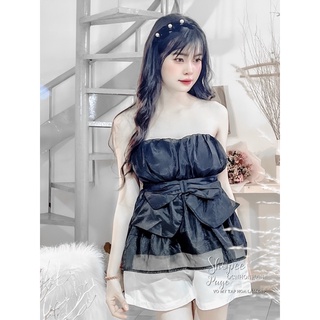 Set áo cúp ngực cột nơ phối quần short tafta