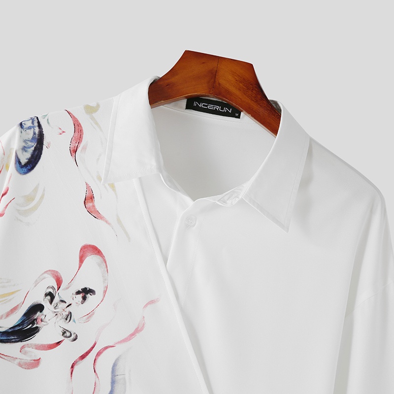 Áo sơ mi INCERUN tay dài dáng rộng in họa tiết thổ cẩm kiểu Trung Hoa cá tính cho nam