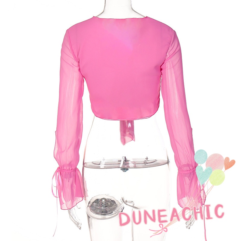 DUNEA Áo Kiểu Tay Dài Cổ Chữ V Thắt Nơ Thời Trang Nữ Tính